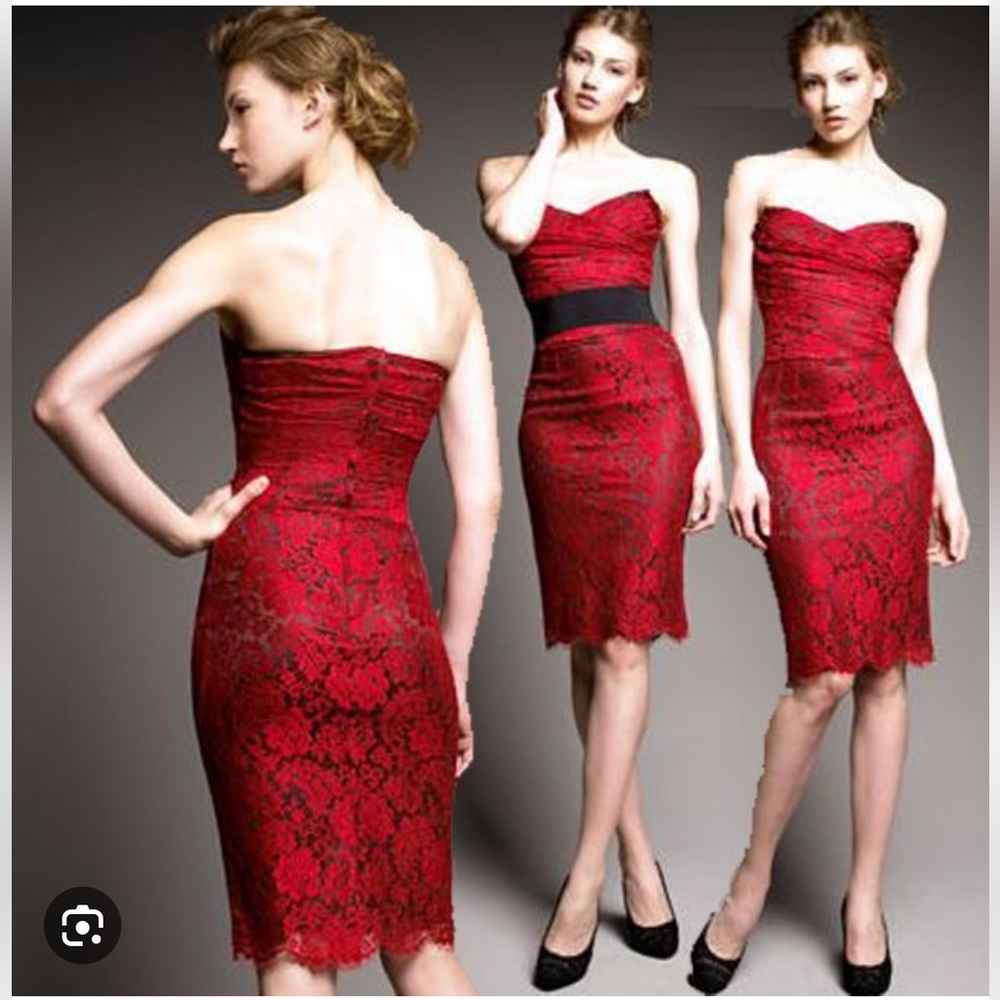 DOLCE & GABBANA Dolce & Gabbana Red Lace Draped Strapless Mini